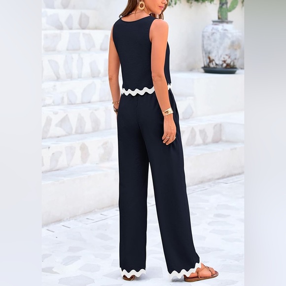 PrettyGarden Pants - Pretty garden two-piece Elegant Navy and White pantsuit, Size S